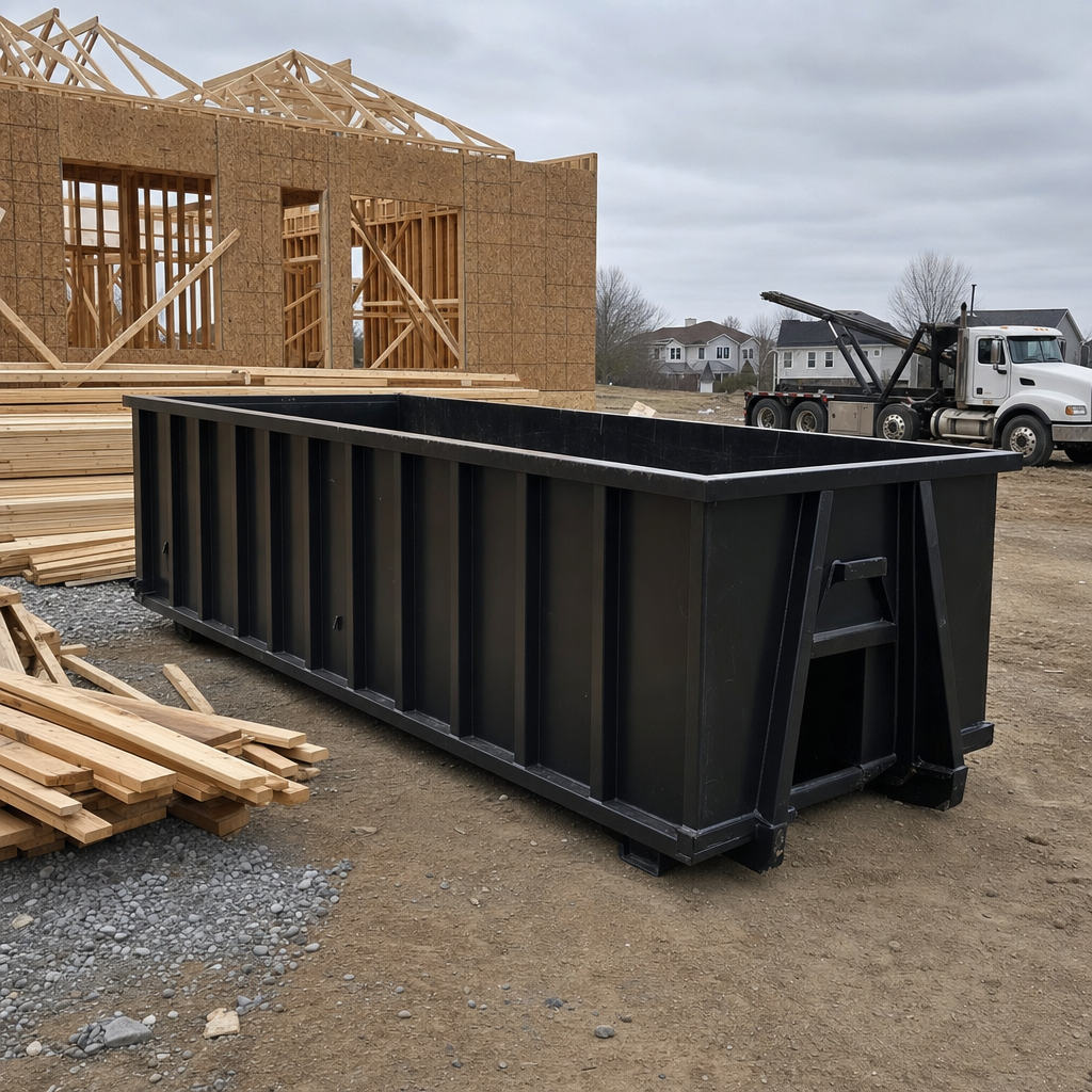 Matte-black 40-yard roll-off dumpster staged on a framed-out residential construction site in Ceres, framing lumber stacked nearby, hooklift delivery truck visible in the background under bright Colorado daylight