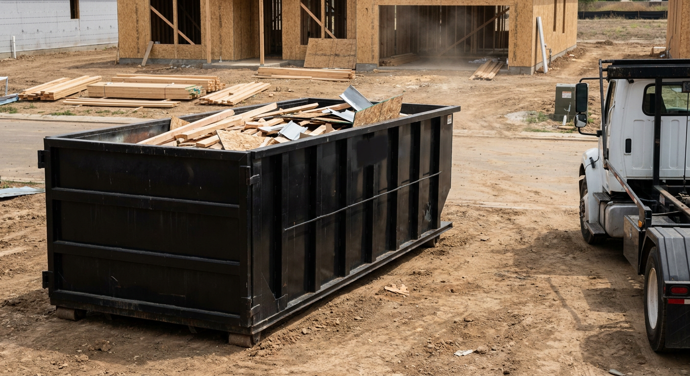 Matte-black 20-yard roll-off construction dumpster with heavy ribbed steel sidewalls and swing rear doors at a working jobsite in Ceres, sitting directly on compacted dirt with an unmarked white hauler partially visible at the far edge of the frame.
