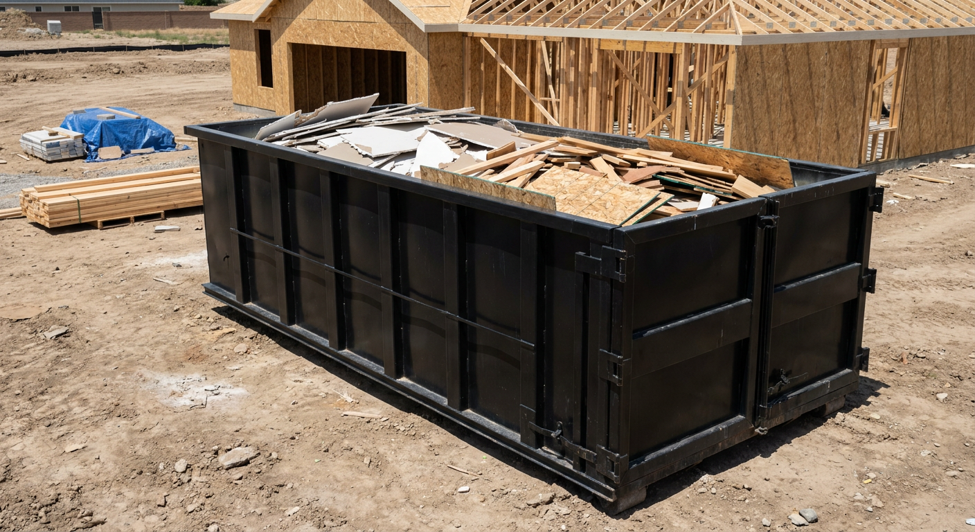 Matte-black 30-yard roll-off construction dumpster sitting directly on the compacted-dirt site of a framed single-family home build in Ceres, drywall and lumber scrap loaded inside.