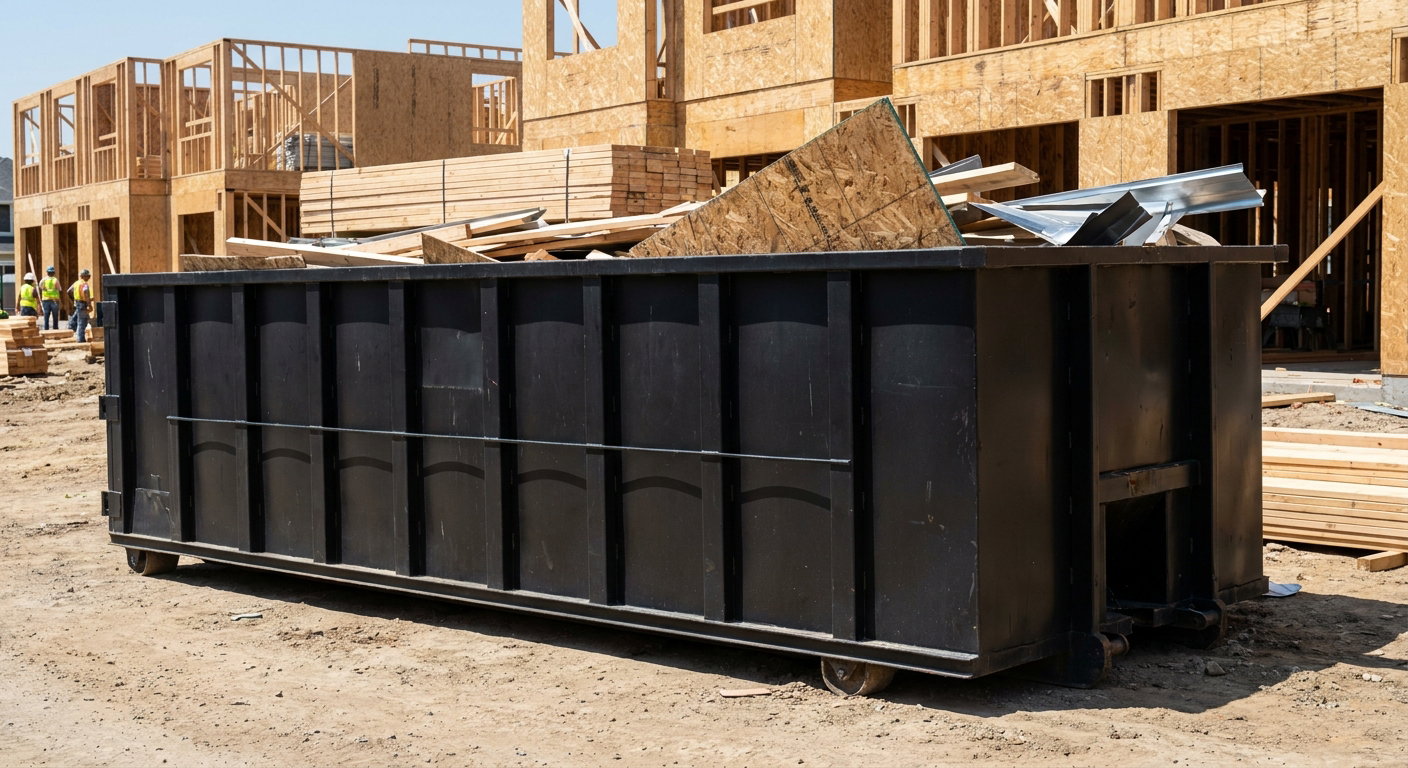 Matte-black 40-yard roll-off construction dumpster being lowered from a white-cab hooklift delivery truck onto the compacted-dirt jobsite at a commercial build site in Ceres