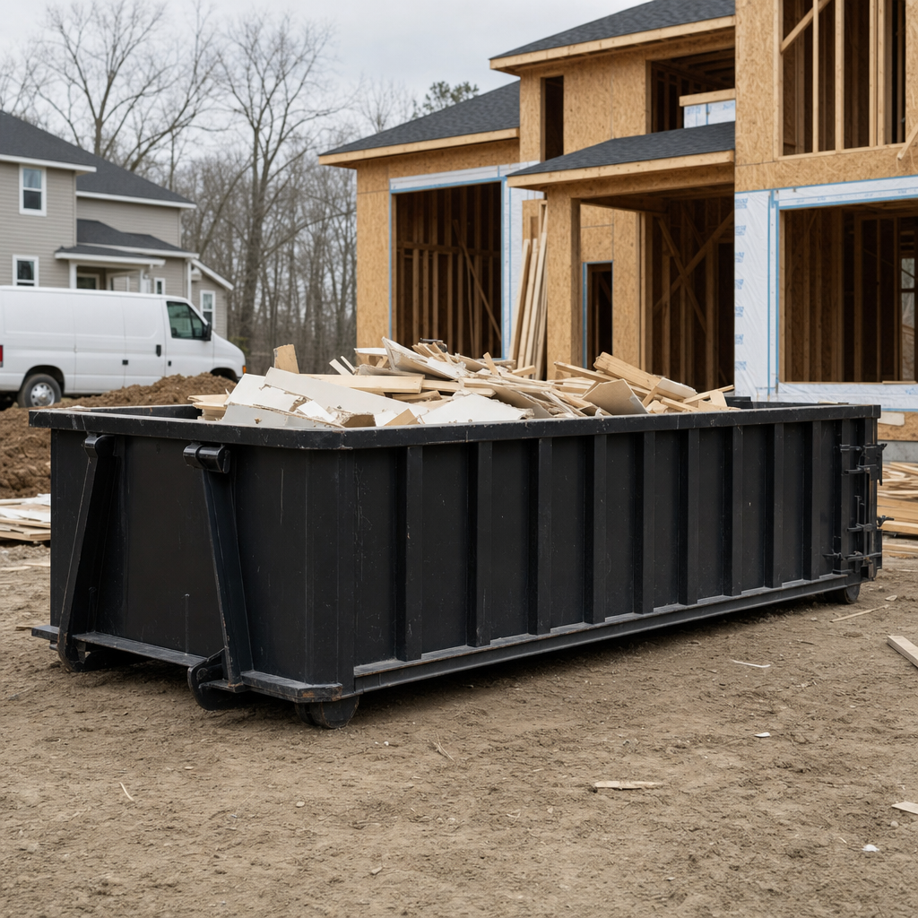 Worker in a yellow high-visibility vest tossing framing lumber and broken drywall into a matte-black 30-yard construction roll-off dumpster on an active build site in Ceres, bright daylight