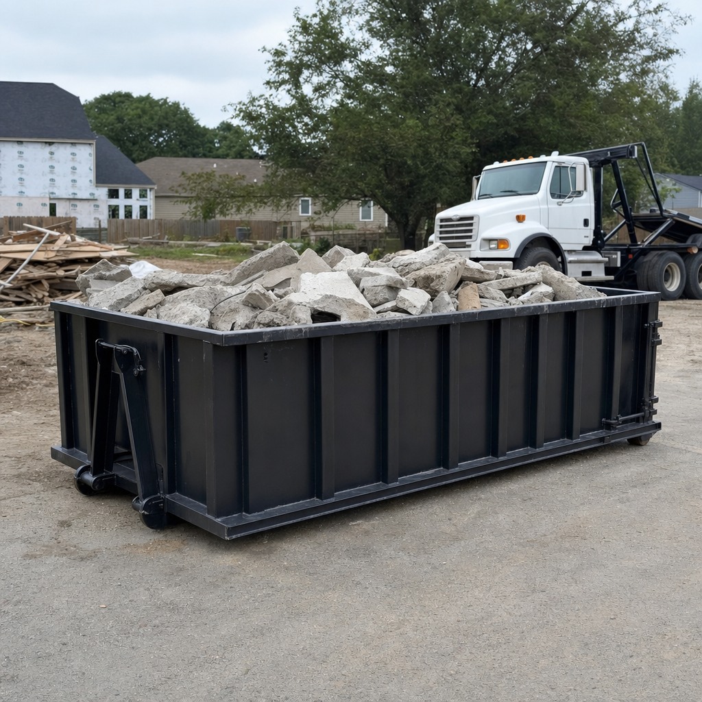 Low-profile matte-black lowboy roll-off dumpster loaded with broken concrete slab and rebar at a foundation tear-out in Ceres, skid steer parked beside it, sunny Colorado morning