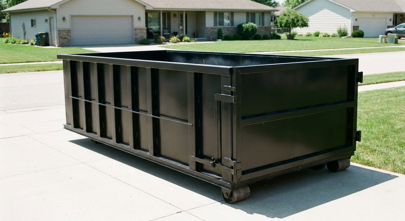 Matte-black 10-yard roll-off dumpster on a residential concrete driveway in Ceres, uniformly painted matte black across every panel and rail, ribbed steel sidewalls and rear swing door visible, mid-day daylight.