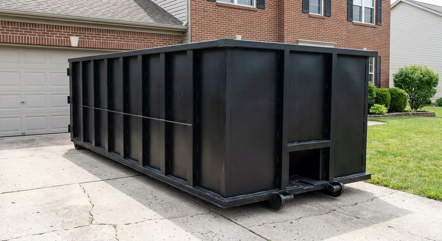Matte-black 20-yard roll-off container on a Ceres residential concrete driveway with reinforced ribbed steel sidewalls and a hinged rear walk-in door, clean bright daylight.