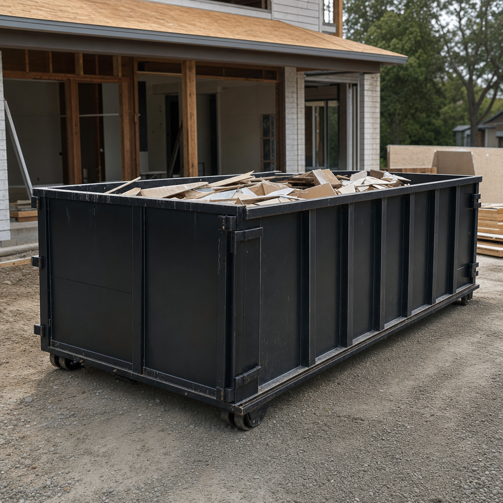 Large matte-black 30-yard construction roll-off dumpster at an active Ceres jobsite, steel-gray top rails and bottom rollers visible, loaded with construction debris.