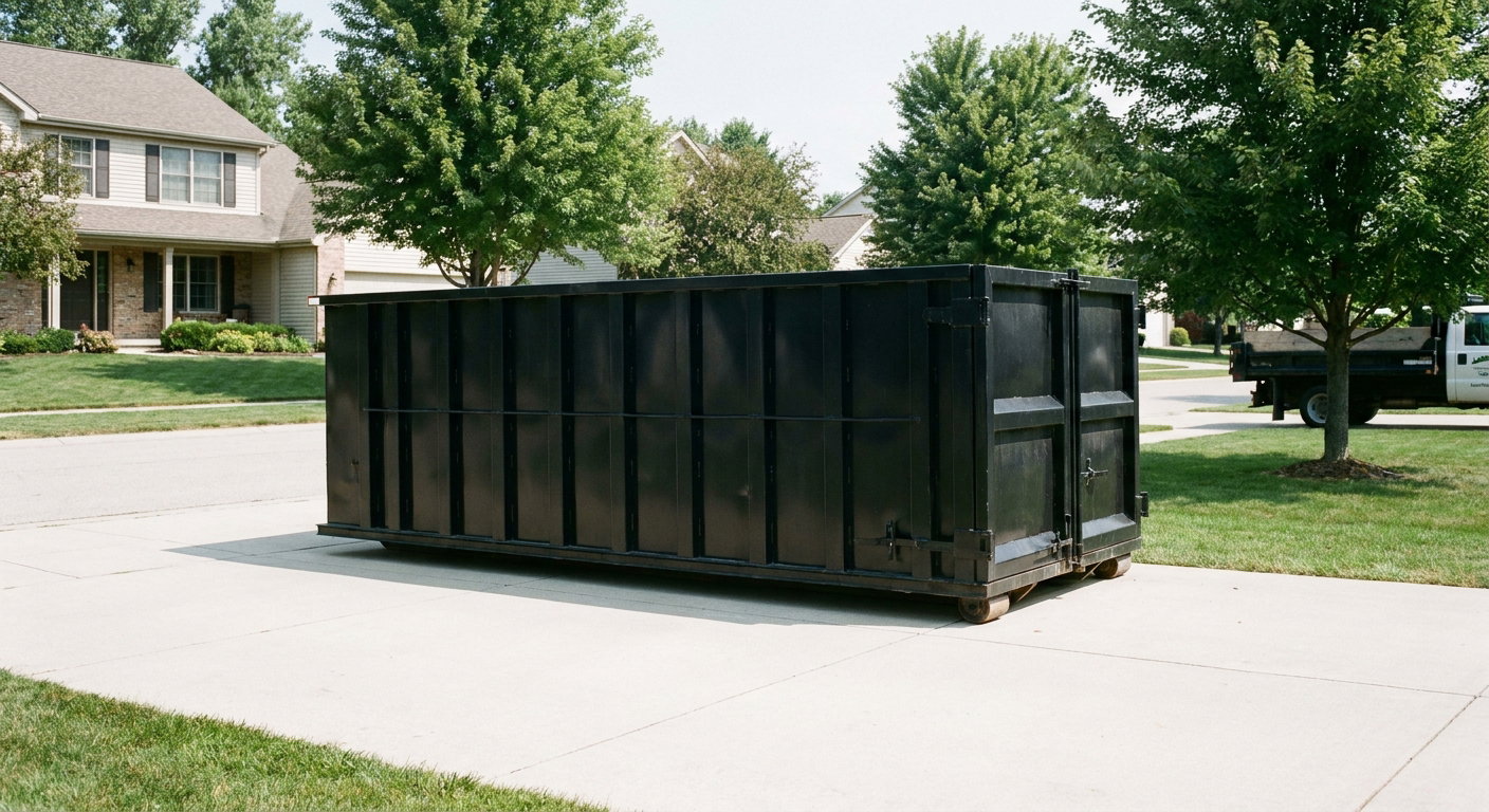 Matte-black 20-yard roll-off dumpster sitting level on a clean Ceres residential concrete driveway under bright daylight, demonstrating clean placement directly on the concrete.
