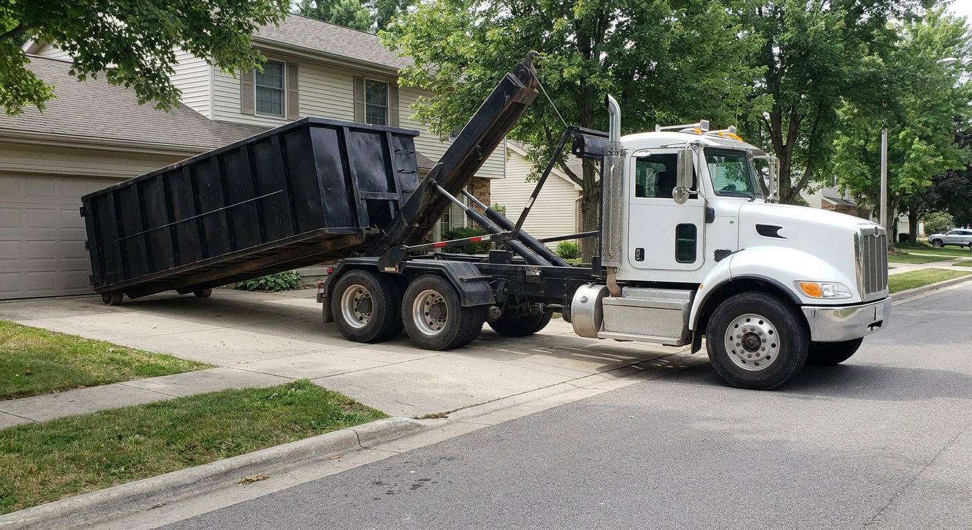 White-cab hooklift roll-off truck actively lowering a matte-black dumpster onto a Ceres residential concrete driveway, the dumpster's rear wheels touching the driveway as the hoist arm tilts the bed forward, mid-morning daylight.