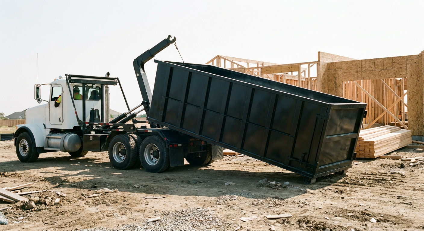 Matte-black roll-off dumpster being delivered onto a clean residential concrete driveway in Ceres by an unmarked white hooklift hauler truck, bright morning daylight, documentary 35mm perspective.