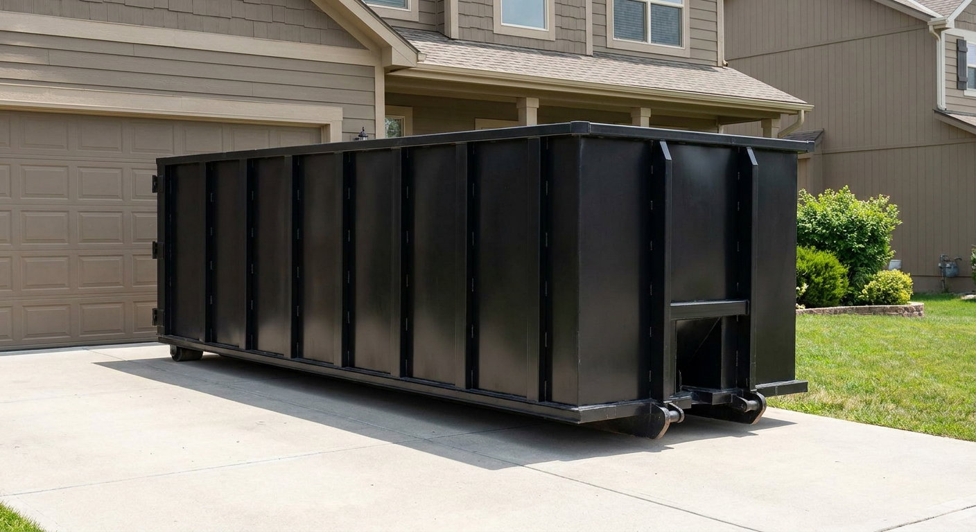 Matte-black residential roll-off dumpster sitting directly on a suburban Ceres concrete driveway, garage door closed, single-family home in background, bright morning daylight.