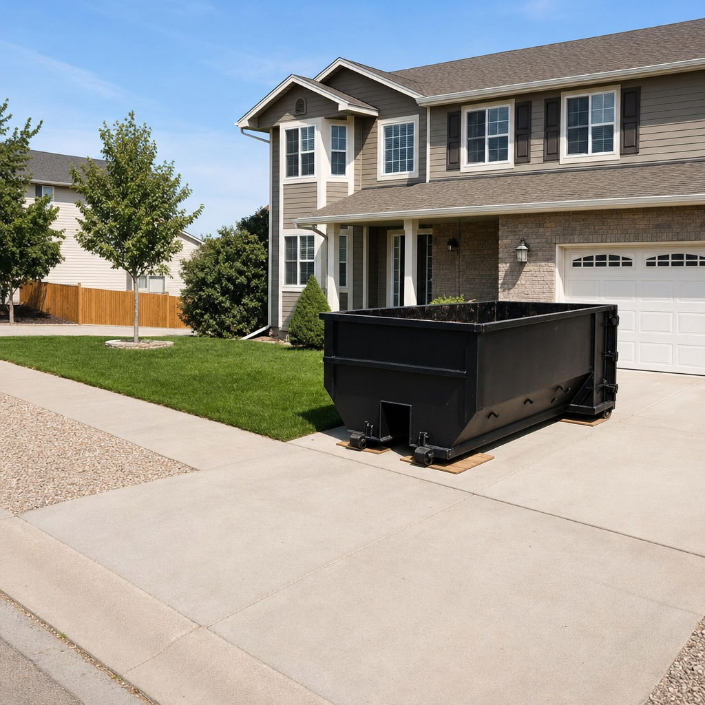 10-yard matte-black residential dumpster placed directly on a narrow Ceres concrete driveway, room remains for a parked sedan beside it, mid-morning natural light