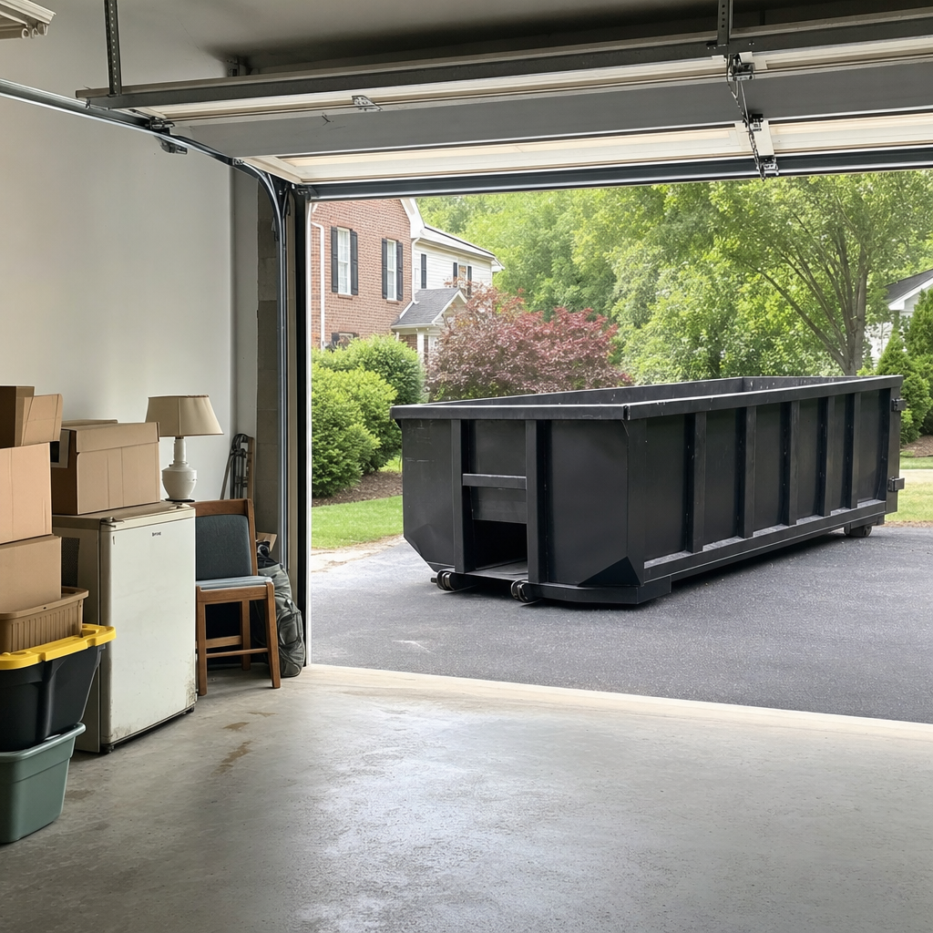 Open garage interior in a Ceres home mid-cleanout — boxed items, an old appliance, and stacked yard tools queued near the driveway for a matte-black roll-off dumpster, organized and calm
