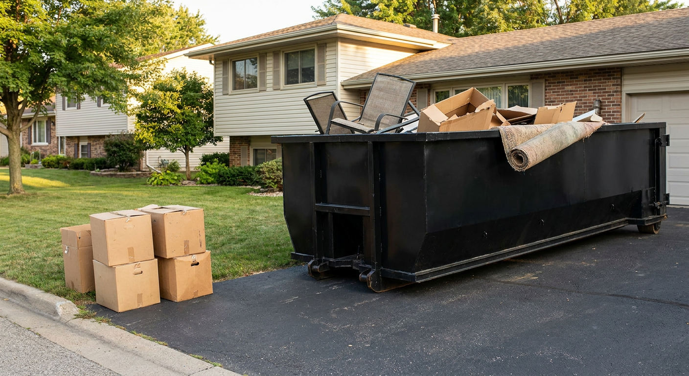 Front-yard view of a Ceres split-level home with a 20-yard matte-black roll-off dumpster sitting directly on the asphalt driveway, a few clearly labeled donation boxes staged at the curb, calm sunny afternoon.