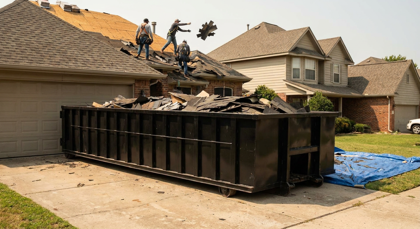 Matte-black roofing roll-off dumpster placed directly on a Ceres residential concrete driveway, a tear-off crew on a two-story asphalt-shingle roof tossing shingle bundles into the low-walled container, bright daylight, documentary 35mm perspective.