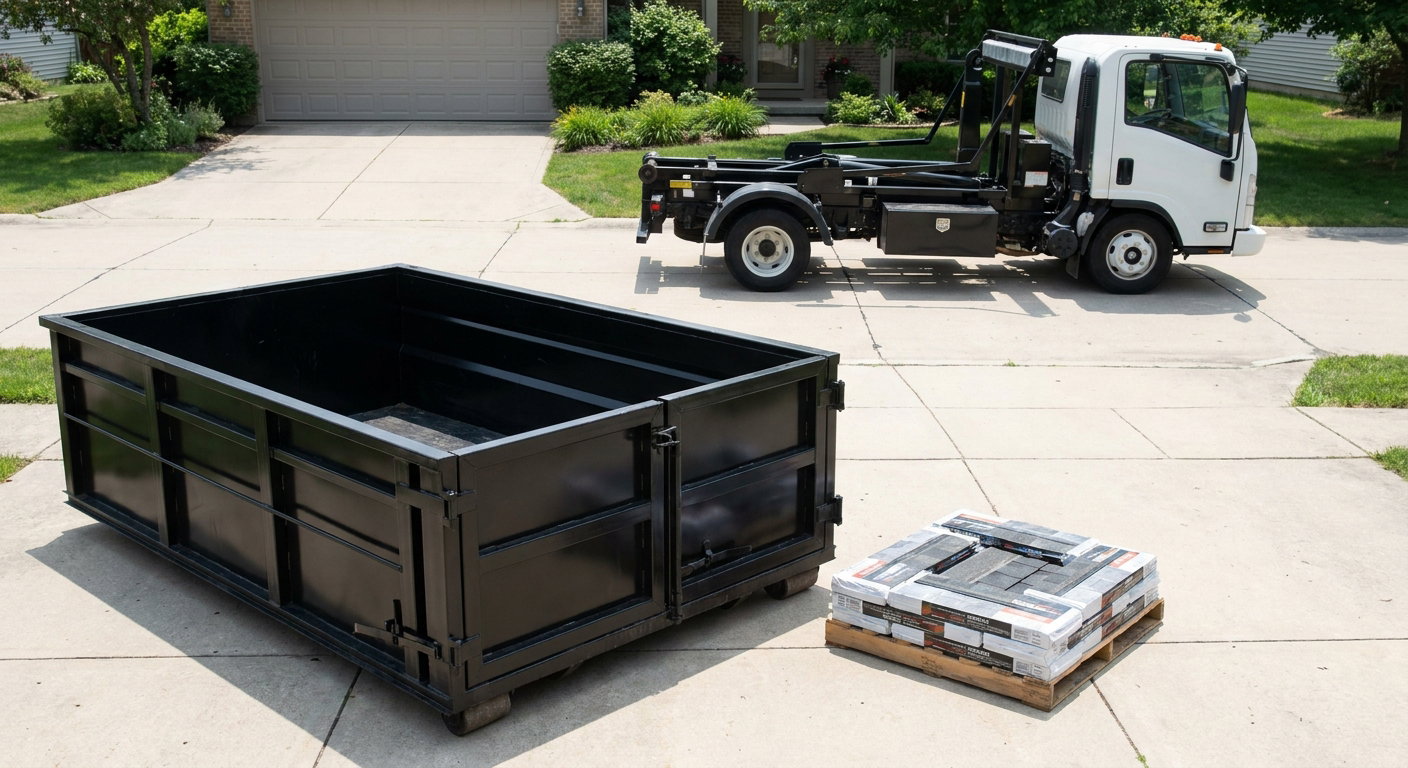 Matte-black 15-yard roofing roll-off dumpster with reinforced low side walls sitting directly on a Ceres residential concrete driveway, three-tab asphalt shingle bundles stacked nearby, an unmarked white hauler truck partially visible at the edge of the frame.