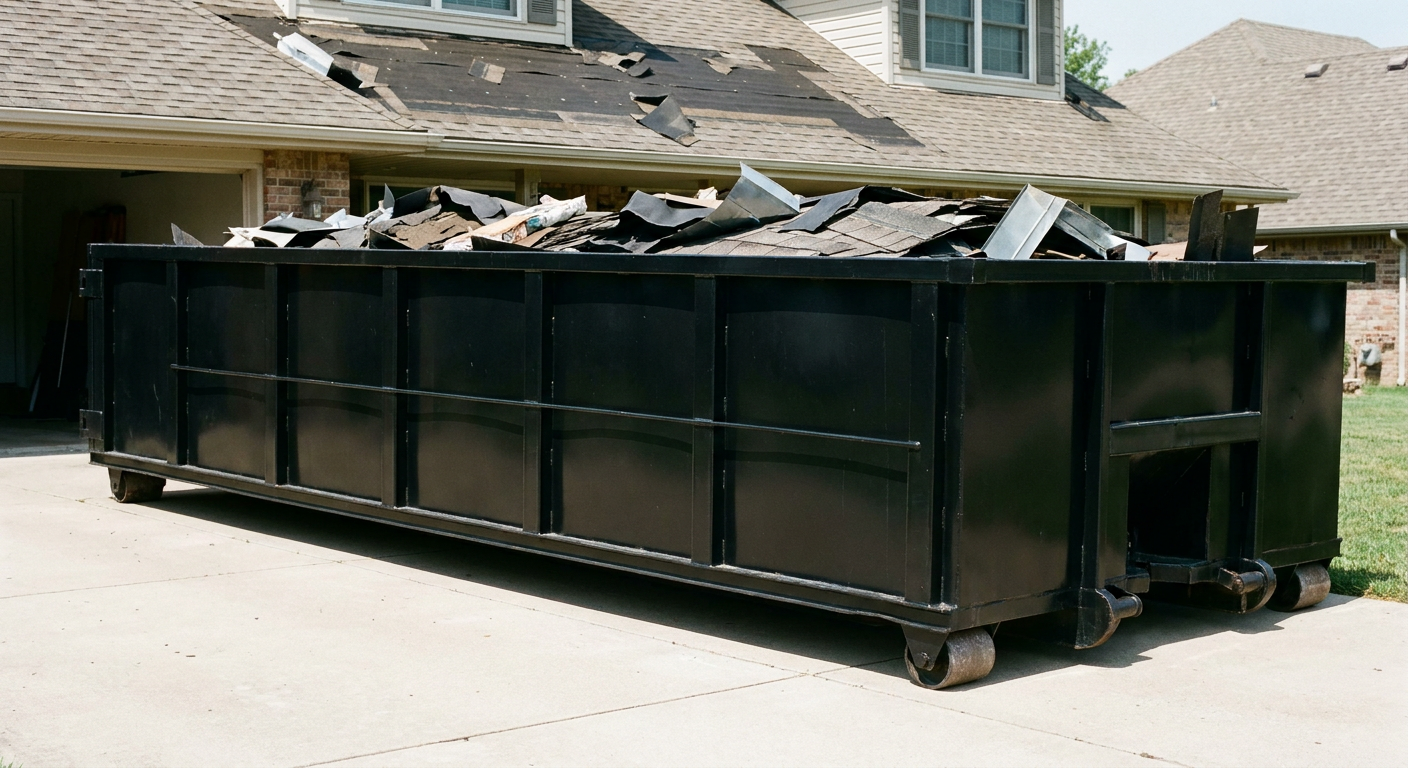 Matte-black 20-yard roofing roll-off dumpster with steel ribbed sides and swinging rear door, sitting directly on the concrete driveway of a two-story Ceres home, asphalt shingle debris being loaded over the low wall, clean documentary lighting.