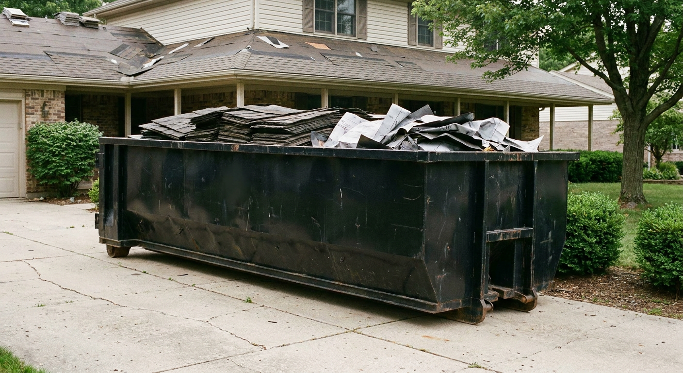 Matte-black 30-yard roofing roll-off dumpster sitting directly on a Ceres concrete driveway, taller ribbed steel side panels, mixed tear-off debris of asphalt shingles and underlayment inside, professional documentary daylight.