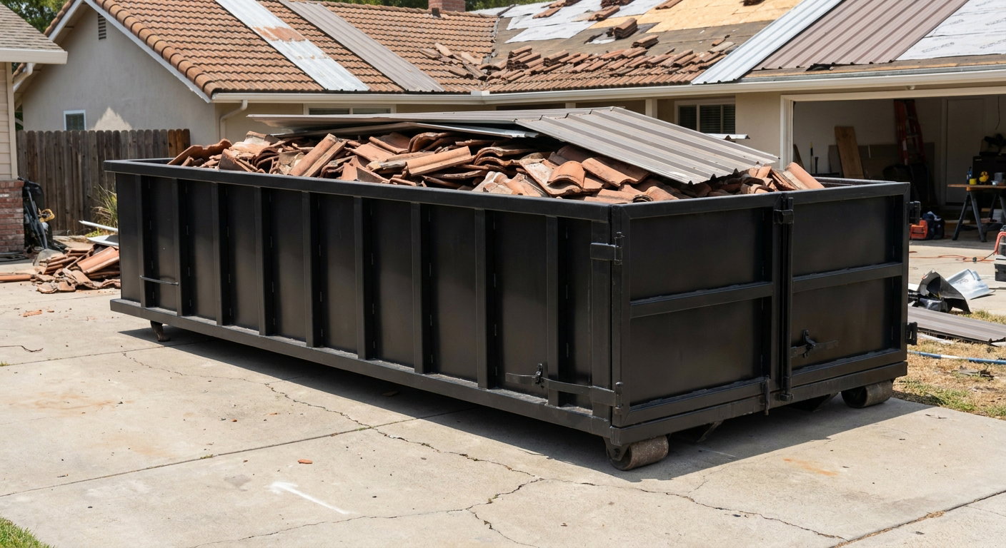 Matte-black low-wall heavy-debris roofing roll-off dumpster sitting directly on a Ceres concrete driveway, broken concrete clay roof tiles and metal panel sections loaded inside, reinforced ribbed steel side walls visible, bright outdoor daylight.