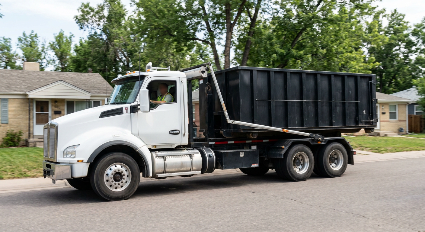 A wide documentary shot of a matte-black roll-off delivery truck pulling onto a quiet Ceres residential street at mid-morning, with neighborhood rooftops and tree-lined blocks visible behind, showing the metro coverage footprint.