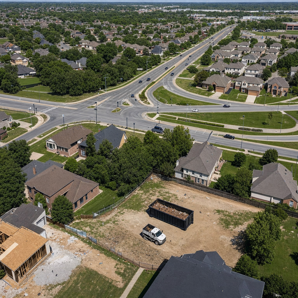 An overhead documentary view of the Ceres metro area at midday, showing the spread of neighborhoods, arterial roads, and the dispatch radius from a central yard — clean daylight, organized geographic layout.