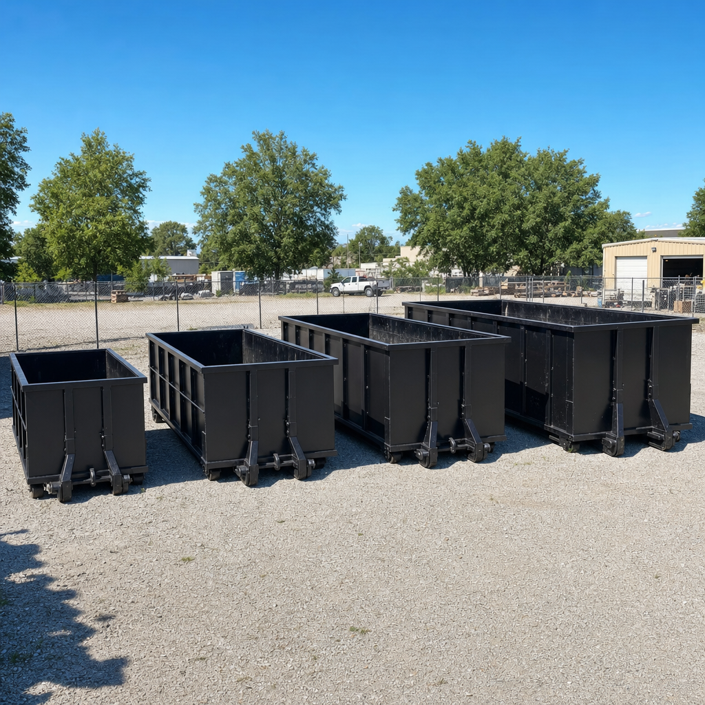 A clean lineup of matte-black roll-off dumpsters in 10, 20, 30, and 40-yard sizes staged on a sunlit gravel yard in Ceres, showing the size progression from compact to commercial-scale containers.