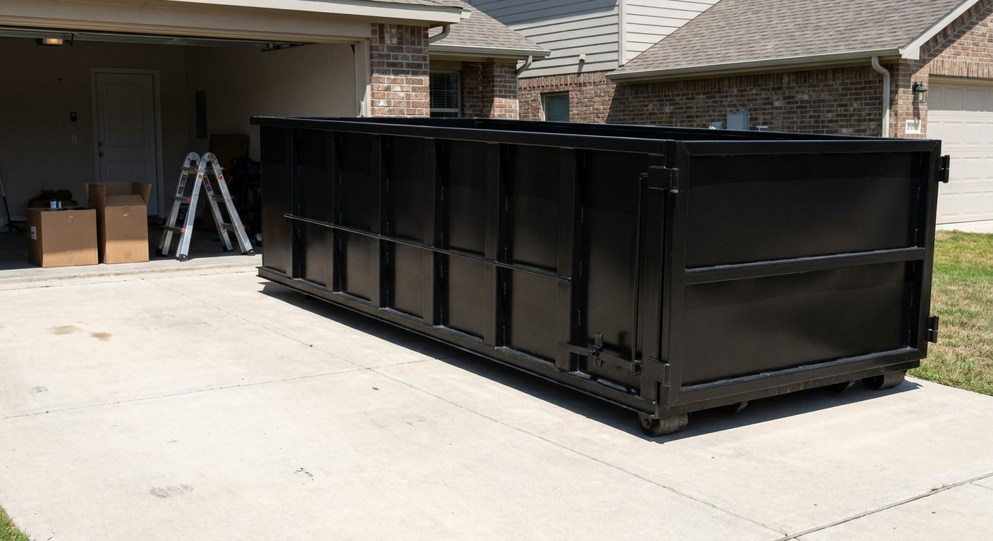 A matte-black 10-yard roll-off dumpster sitting directly on a residential Ceres concrete driveway, mid-day sunlight, clean and ready for a garage cleanout.