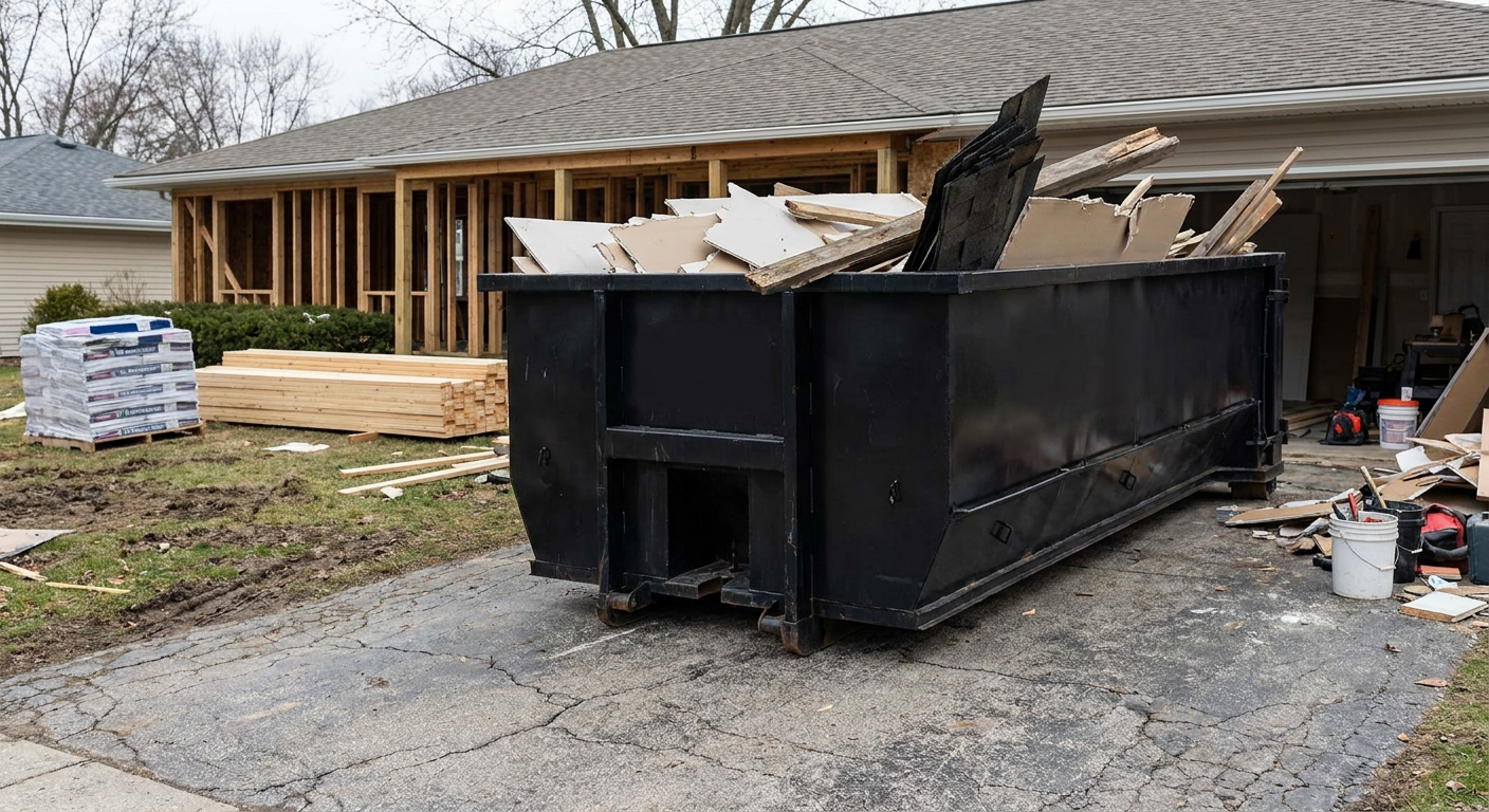 A matte-black 20-yard roll-off dumpster placed alongside a mid-renovation Ceres home directly on the asphalt driveway, with framing materials and torn-off shingles staged neatly nearby.
