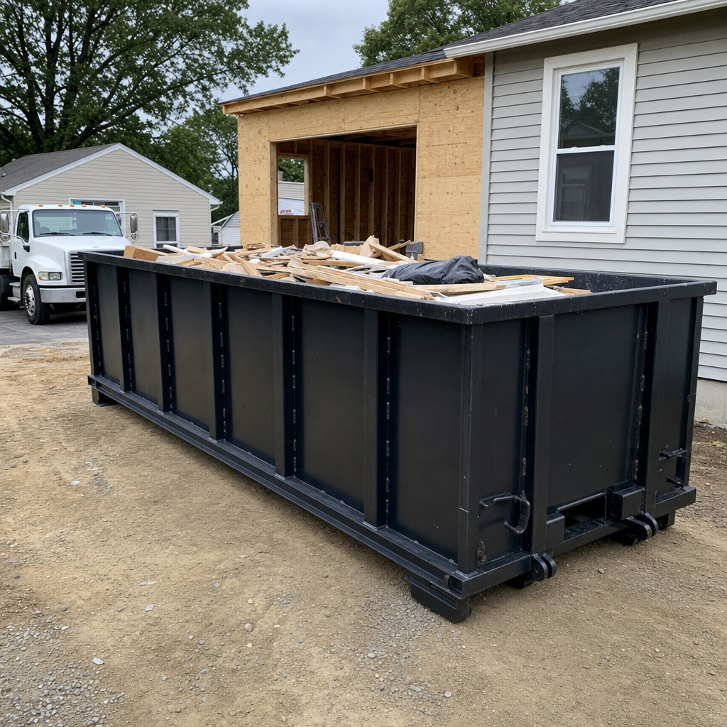A matte-black 30-yard roll-off dumpster positioned at a Ceres residential addition jobsite, with framing lumber and drywall scraps loaded through the open swinging rear doors.