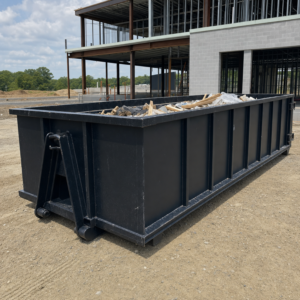 A matte-black 40-yard roll-off dumpster staged on a large Ceres commercial construction lot, with a hooklift delivery truck parked alongside under bright midday sky.