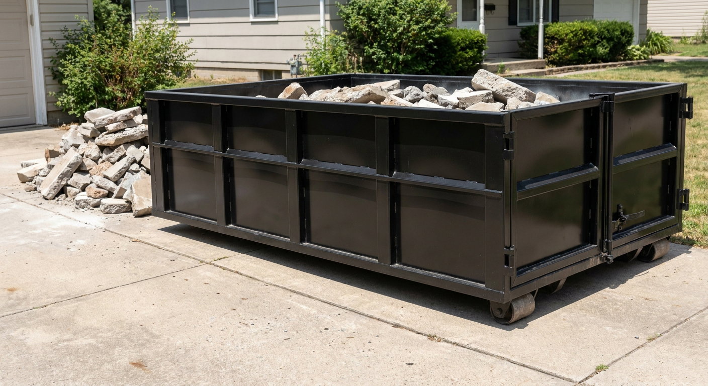 A matte-black low-side heavy-debris roll-off dumpster placed directly on a Ceres concrete driveway, with broken concrete chunks neatly stacked beside it under clean daylight.