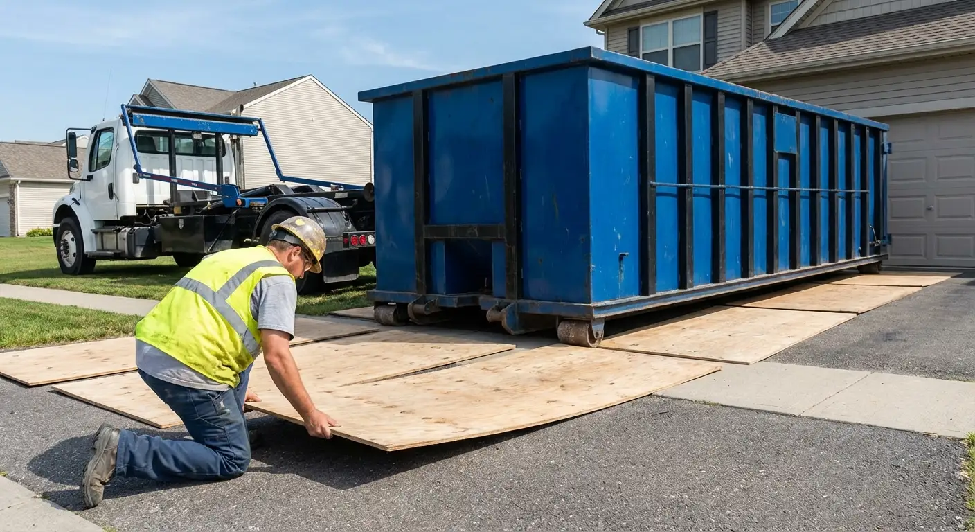 Driveway protection and delivery preparation for dumpster rental in Ceres, CA