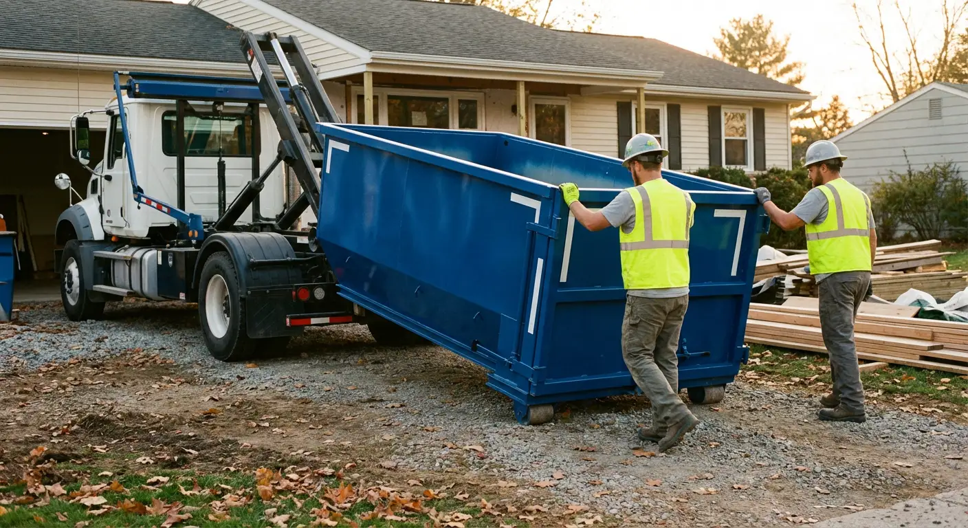 Construction dumpster delivery truck in action in Ceres, CA