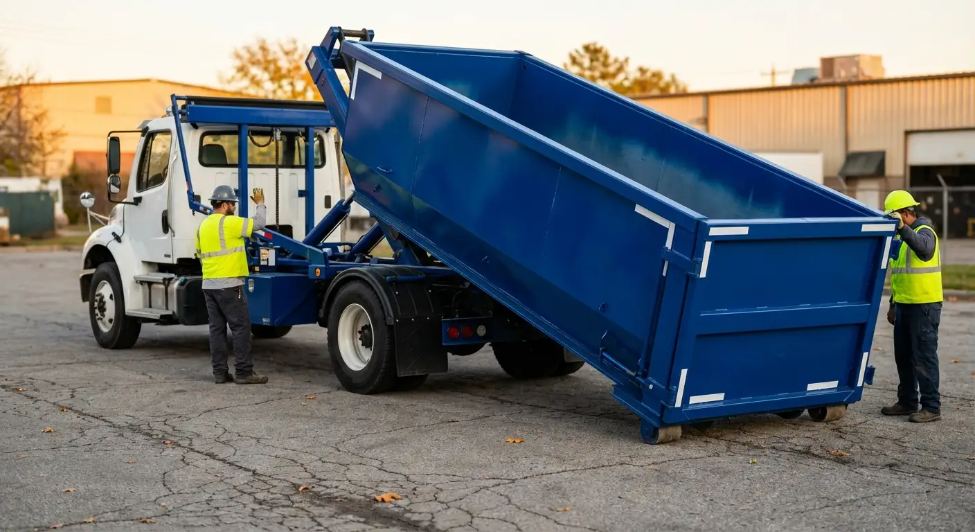 Roll-off dumpster rental truck protecting driveway surfaces in Ceres, CA